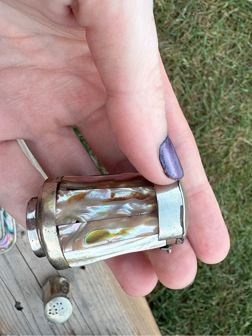 Abalone Inlaid Salt and Pepper Shakers with Tray ALPACA MEXICO - Picture 9 of 14